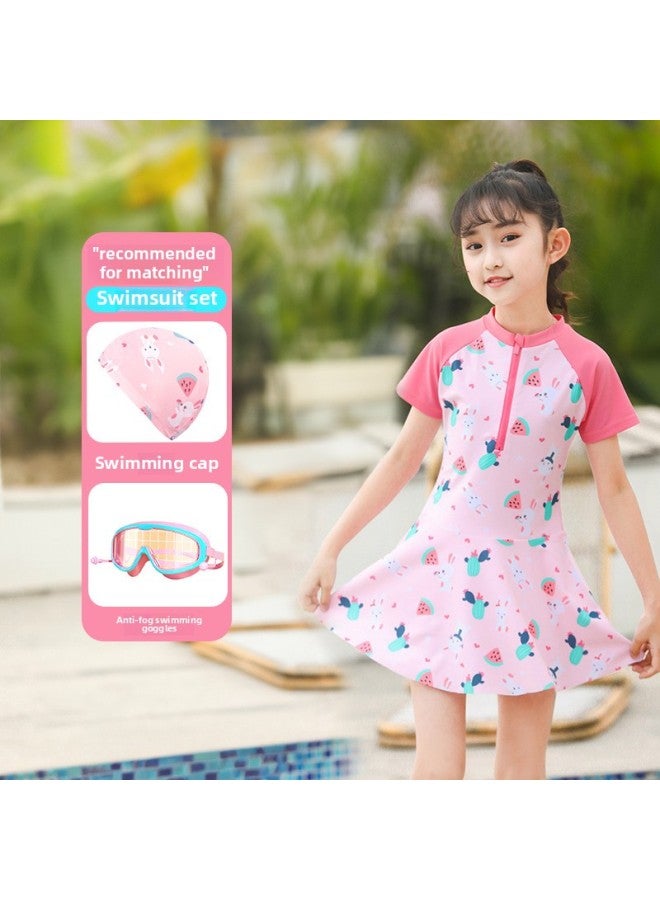 Children's Swimwear Girls' Western-style Dress Split Boxers Swimwear Girls' Training Special Swimsuit-Color:Pink {Clothing And Swimming Cap Anti-fog Goggles}- - Image 1