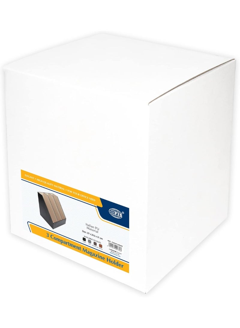 FIS Office Tray 3 Compartment, Documents, Brochure and Magazine Organizer, Italian PU Materials, Black Color-FSDSPUMHBK - Image 2