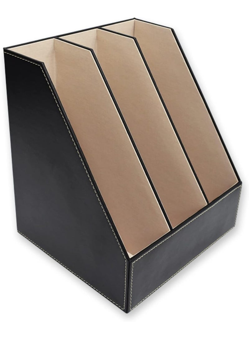 FIS Office Tray 3 Compartment, Documents, Brochure and Magazine Organizer, Italian PU Materials, Black Color-FSDSPUMHBK - Image 1