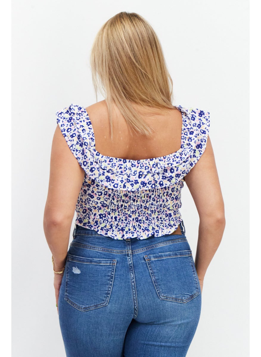 GLAMOROUS Women Square Neck Ruffle Sleeve Allover Print Crop Top, Blue Combo  - Image 2
