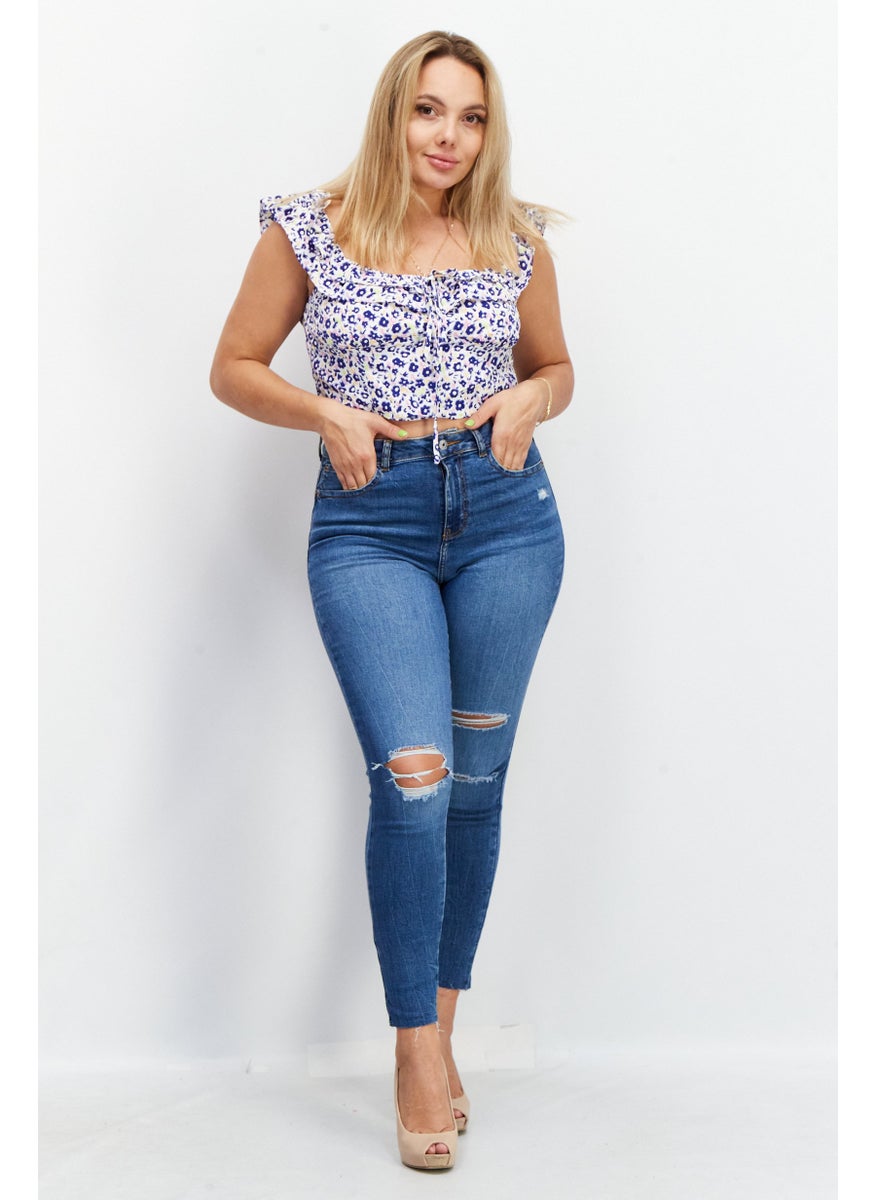 GLAMOROUS Women Square Neck Ruffle Sleeve Allover Print Crop Top, Blue Combo  - Image 4