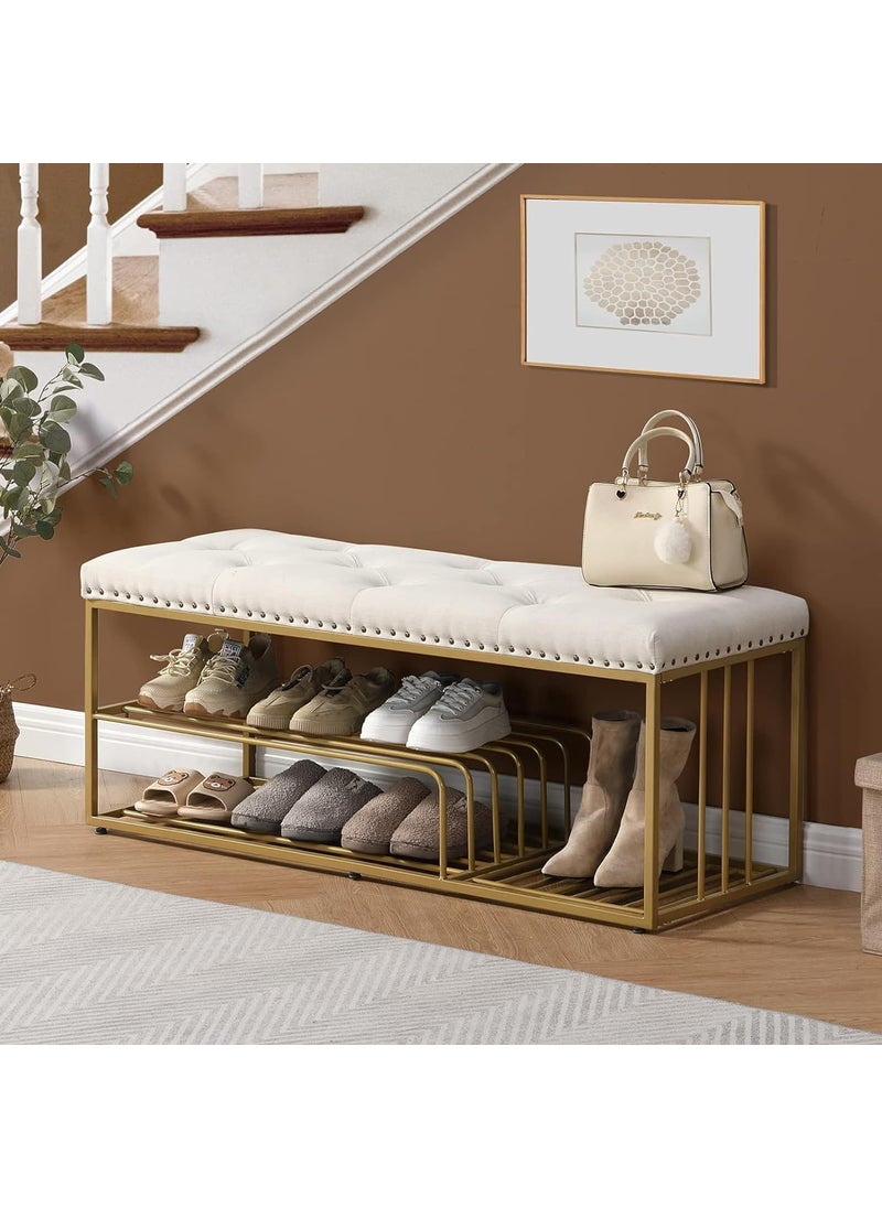Ereteken ART Ereteken ART Luxurious Shoe Bench with Golden Shoe ShelfVelvet Upholstered Shoe RackShoe OrganizerModern Entryway Sleeping Bench Ottoman FootstoolEnd TableFootrest for Living Room Beige 