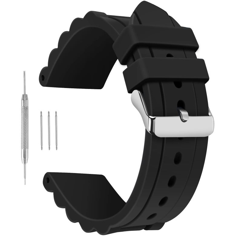 SANWA 24mm Black Straps Silky Soft Rubber Watch Bands for Most Traditional Watches and Smart Watches Diver Watch