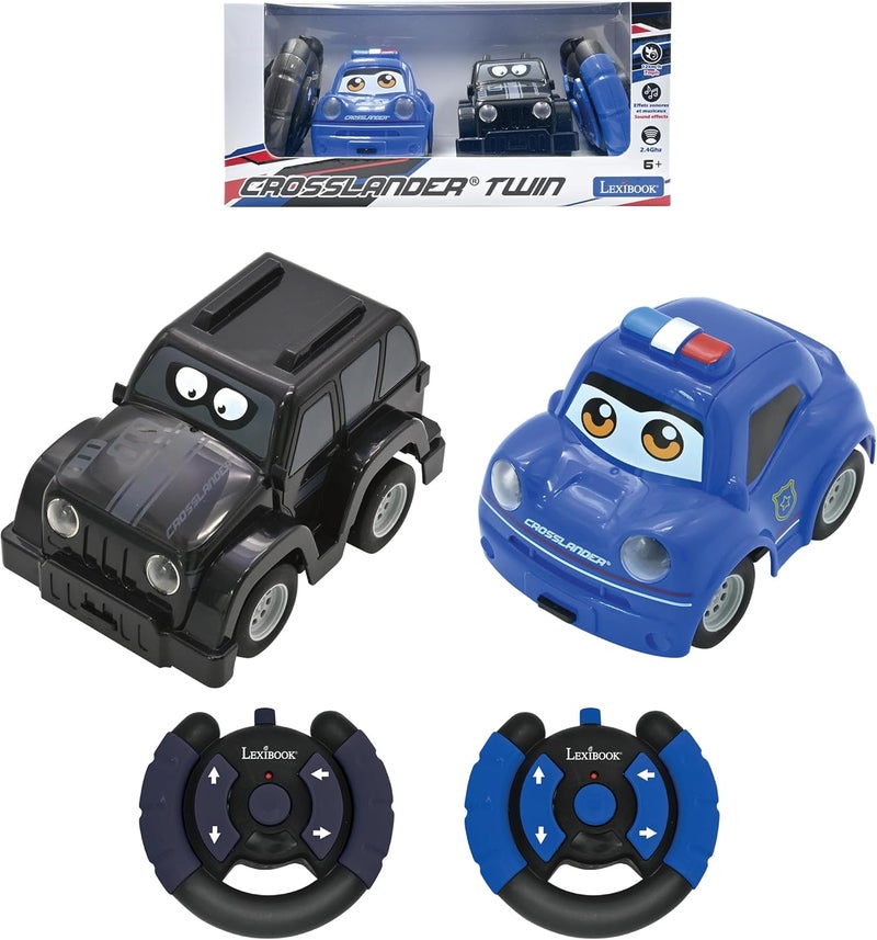 Lexibook Crosslander® Twin, Set of 2 Radio-controlled cars (Police car, Thief's car), up to 12km/h, sound and light effects, 2 remote controls, Black/blue, RC12 - Image 1
