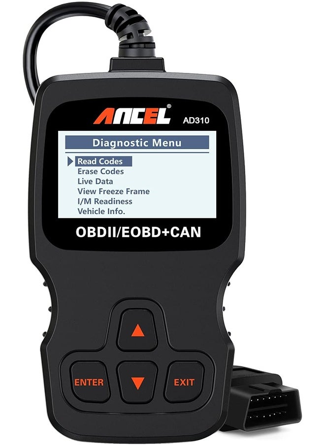 أنسيل - Ancel AD310 Classic Enhanced Universal OBD II Scanner Car Engine Fault Code Reader CAN Diagnostic Scanner، أداة قراءة ومسح أكواد الأخطاء للسيارات التي تعمل ببروتوكول OBD2 موديل 1996 أو أحدث (أسود) - Image 1