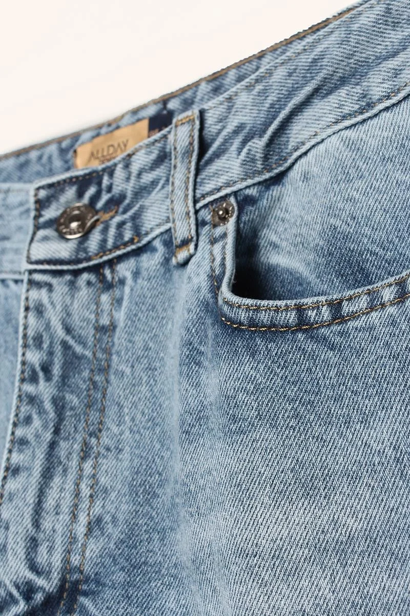 Allday MAVI01-100% Cotton High Waist Wide Leg Fold Detail Denim Trousers