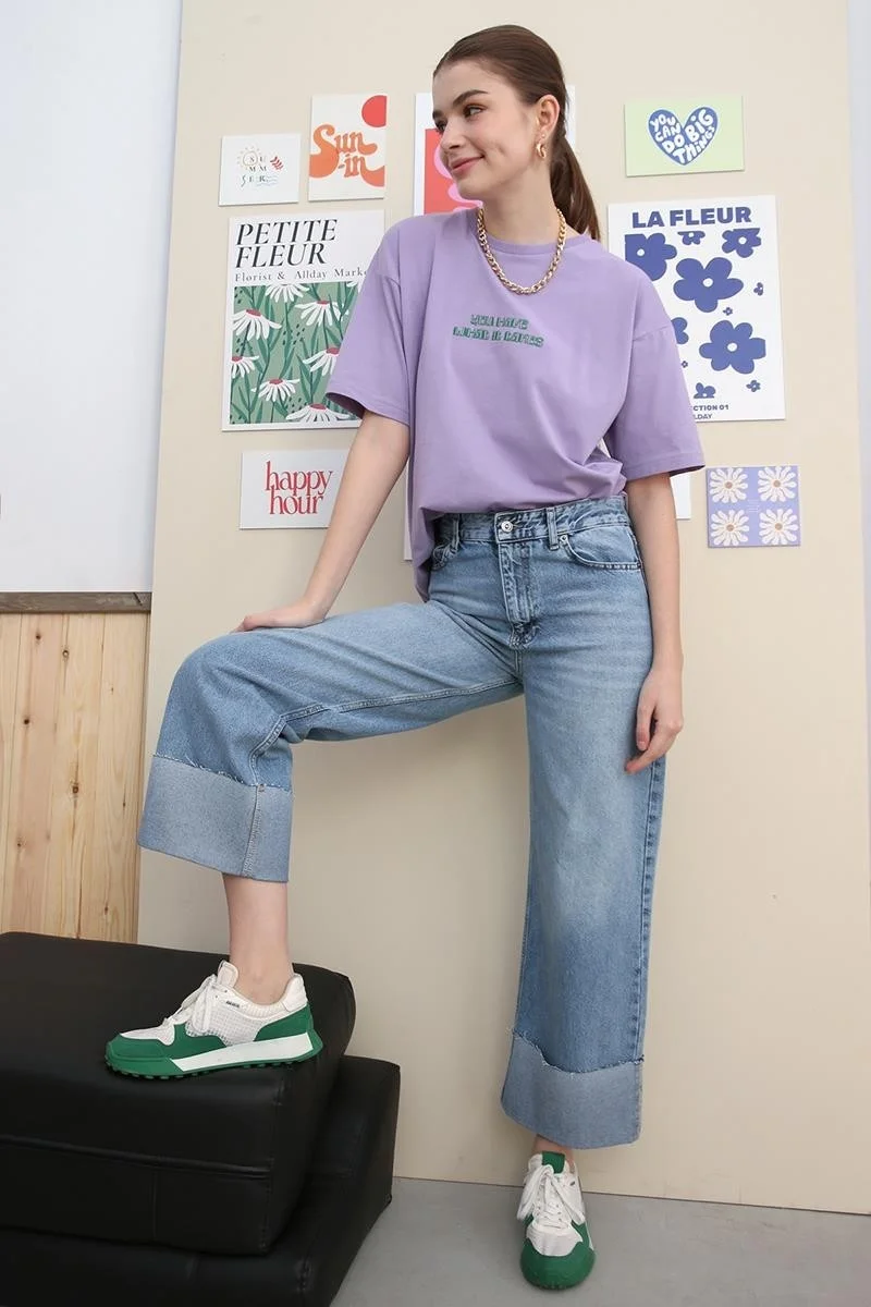 Allday MAVI01-100% Cotton High Waist Wide Leg Fold Detail Denim Trousers