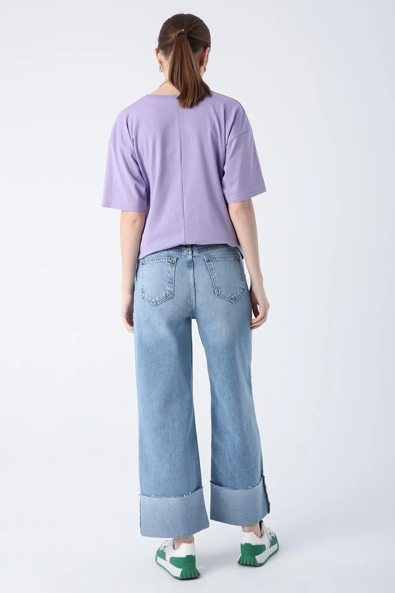 Allday MAVI01-100% Cotton High Waist Wide Leg Fold Detail Denim Trousers