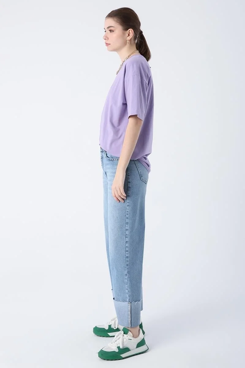 Allday MAVI01-100% Cotton High Waist Wide Leg Fold Detail Denim Trousers