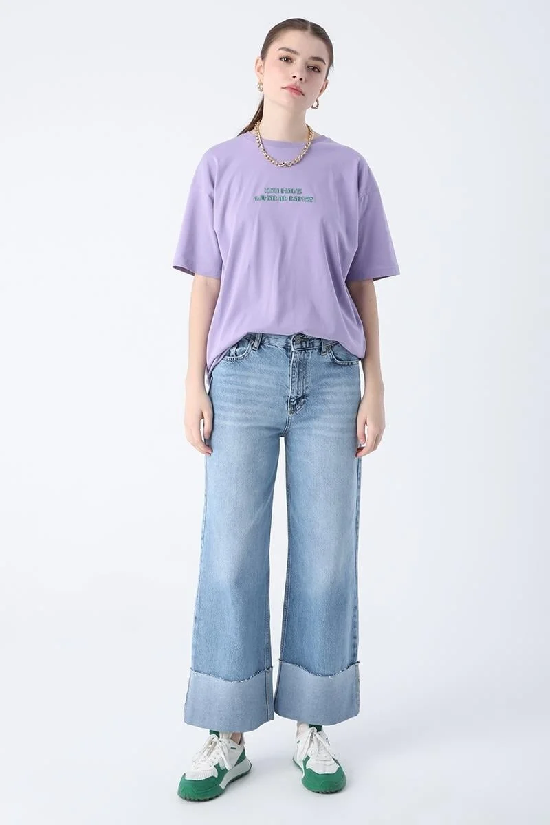 Allday MAVI01-100% Cotton High Waist Wide Leg Fold Detail Denim Trousers