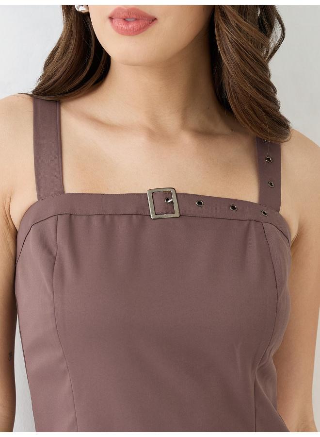 Globus Women's Taupe Korean Party Wear Dress with Square Neck Shoulder Straps and Buckle Detail - Image 5