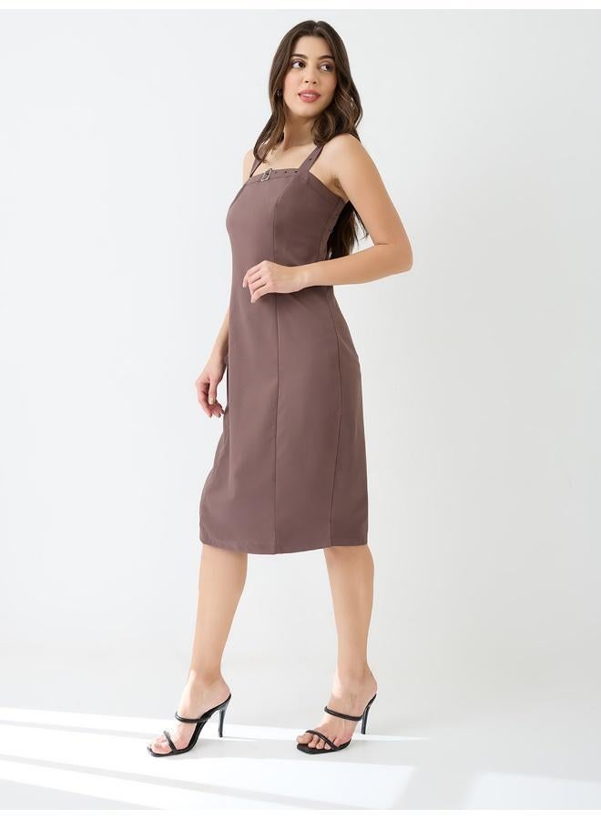 Globus Women's Taupe Korean Party Wear Dress with Square Neck Shoulder Straps and Buckle Detail - Image 3