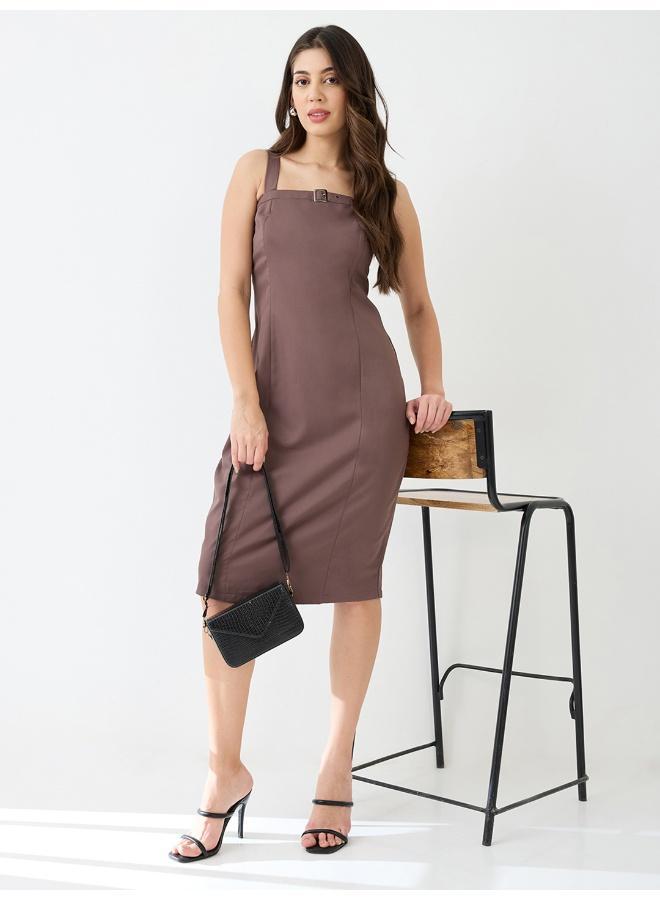 Globus Women's Taupe Korean Party Wear Dress with Square Neck Shoulder Straps and Buckle Detail - Image 1