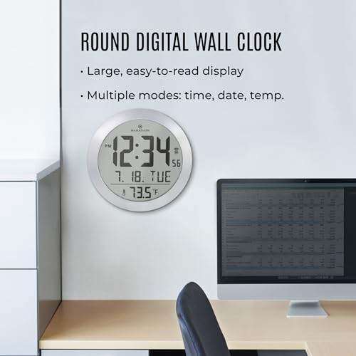 MARATHON 8-Inch Round Digital Wall Clock, Stainless Steel - Large, Easy-to-Read Display - AM/PM or 24-Hour Time, Eight Time Zones, Indoor Temperature, Date - Image 2
