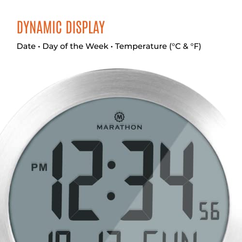 MARATHON 8-Inch Round Digital Wall Clock, Stainless Steel - Large, Easy-to-Read Display - AM/PM or 24-Hour Time, Eight Time Zones, Indoor Temperature, Date - Image 4