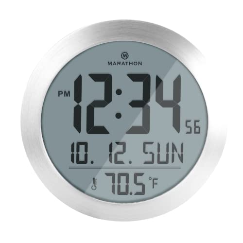 MARATHON 8-Inch Round Digital Wall Clock, Stainless Steel - Large, Easy-to-Read Display - AM/PM or 24-Hour Time, Eight Time Zones, Indoor Temperature, Date - Image 1