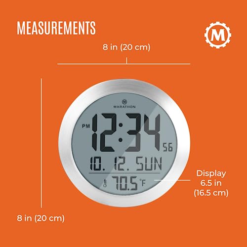 MARATHON 8-Inch Round Digital Wall Clock, Stainless Steel - Large, Easy-to-Read Display - AM/PM or 24-Hour Time, Eight Time Zones, Indoor Temperature, Date - Image 5