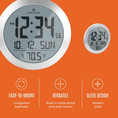 MARATHON 8-Inch Round Digital Wall Clock, Stainless Steel - Large, Easy-to-Read Display - AM/PM or 24-Hour Time, Eight Time Zones, Indoor Temperature, Date - Image 3