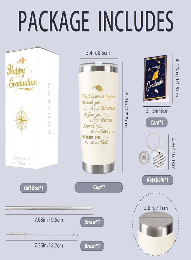 CUPLOOV 2025 Graduation Gift Tumbler Set - 20 Oz White Stainless Steel Tumbler Cup with 2 Lids, Straw, Brush, Keychain, Card Set For Him, Her, Friends, College, High School Graduation Party Supplies - Image 5