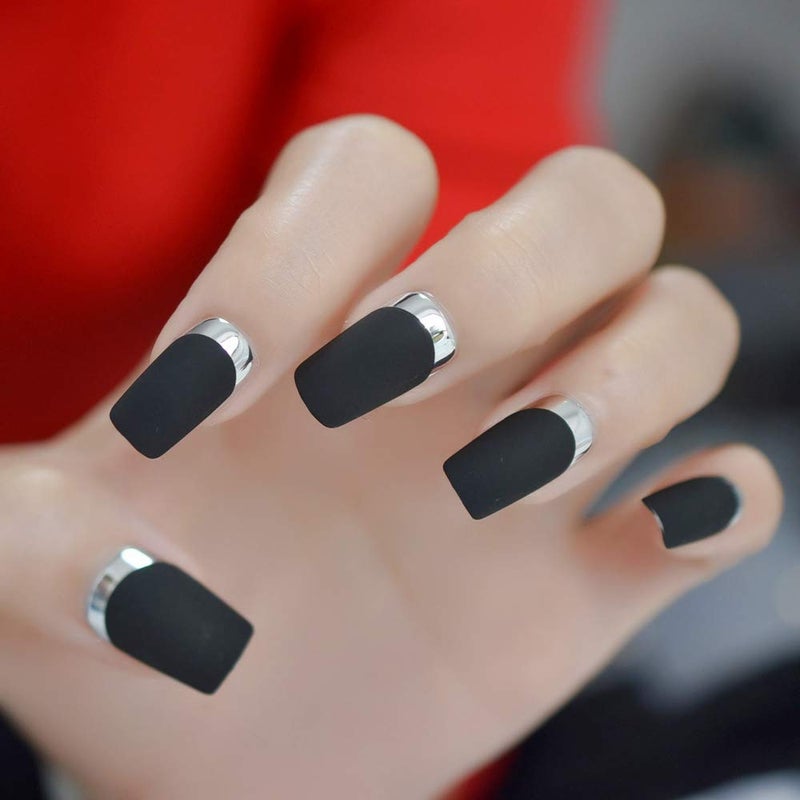EchiQ Matte Square Fake Nails Medium Long Size French Moo Nail Silver Metallic ABS Fingernails 24 count - Image 1