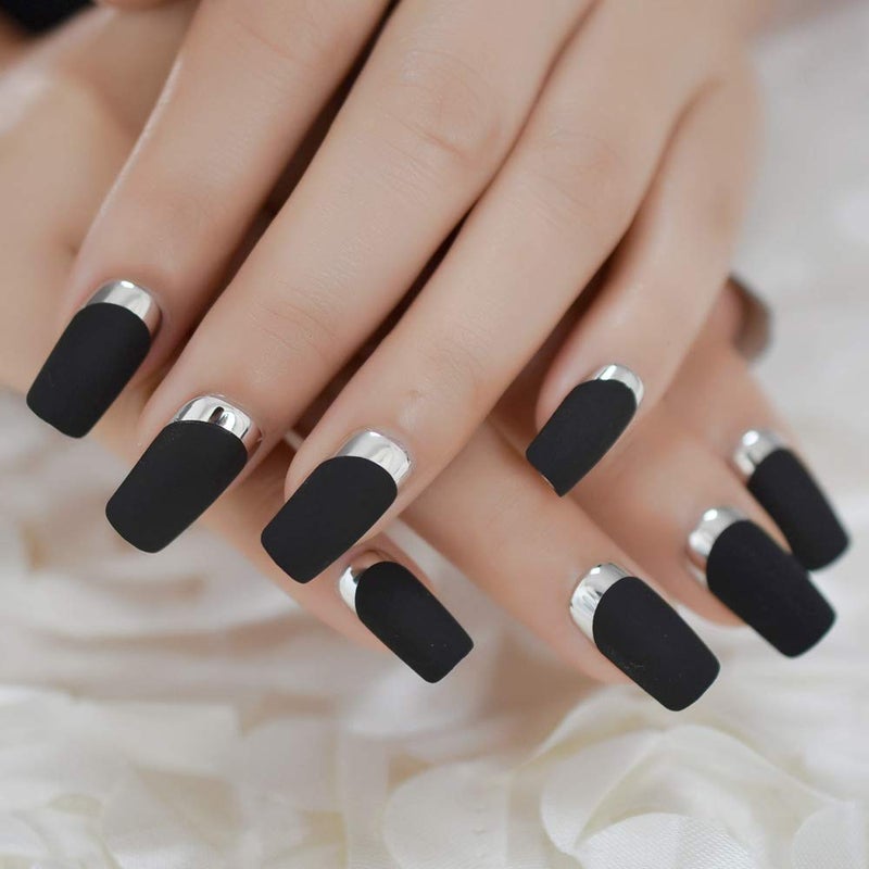 EchiQ Matte Square Fake Nails Medium Long Size French Moo Nail Silver Metallic ABS Fingernails 24 count - Image 5