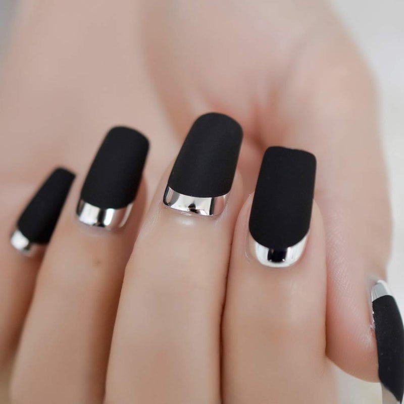 EchiQ Matte Square Fake Nails Medium Long Size French Moo Nail Silver Metallic ABS Fingernails 24 count - Image 4
