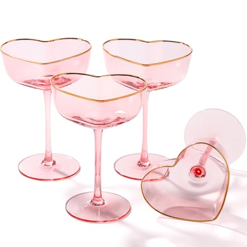 TrophyToast Pink Coupe Glasses Set of 4, Heart-Shaped Martini Glasses with Golden Rim, Fancy Manhattan, Cosmopolitan, Sidecar Cocktail Glassware for Christmas, Wedding, Birthdays - 8oz - Image 1