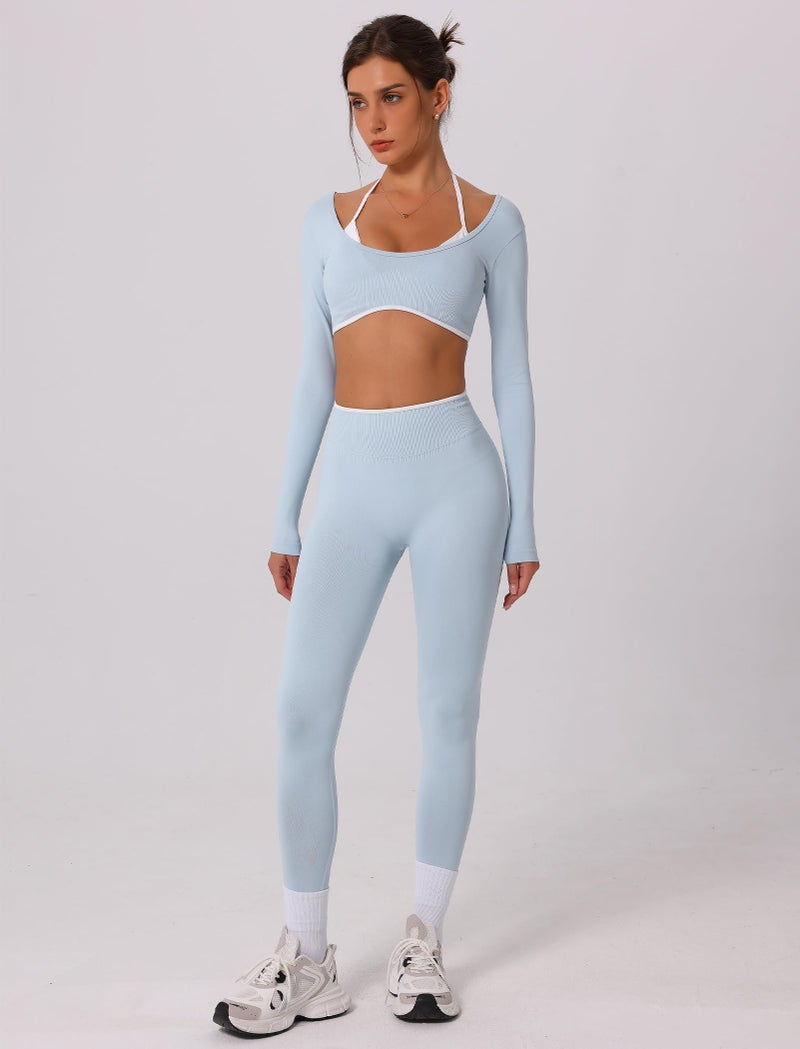 ABOCIW Workout Sets for Women Seamless Color Block Backless Long Sleeve Crop Top Scrunch Butt Lifting High Waist Leggings 2 Piece Gym Yoga Outfits Baby Blue Small - Image 2