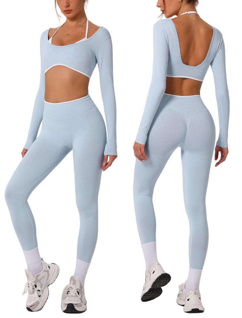 ABOCIW Workout Sets for Women Seamless Color Block Backless Long Sleeve Crop Top Scrunch Butt Lifting High Waist Leggings 2 Piece Gym Yoga Outfits Baby Blue Small - Image 1