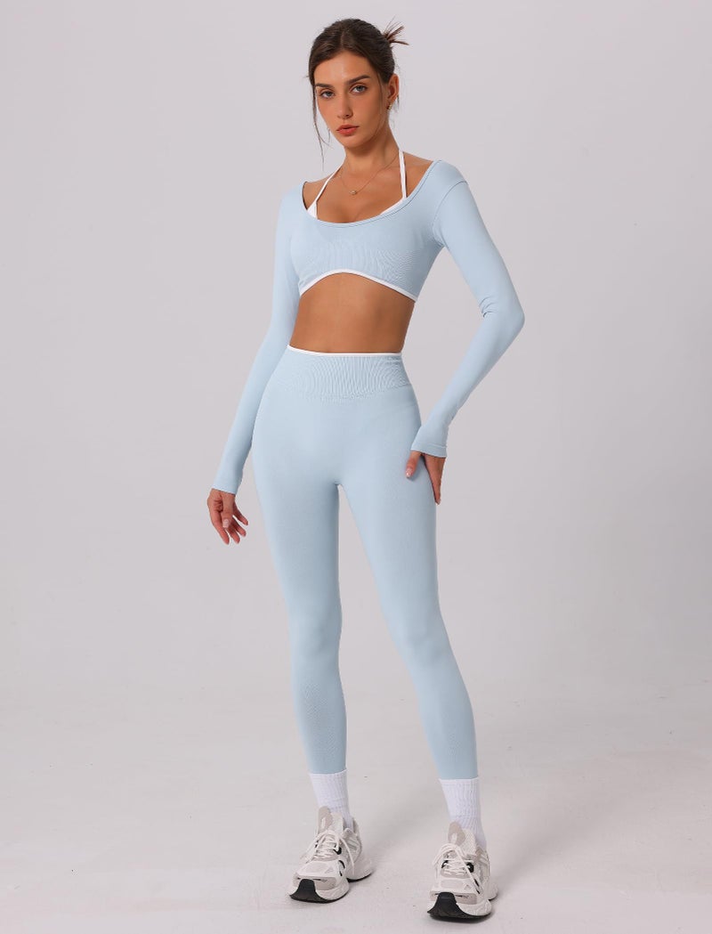 ABOCIW Workout Sets for Women Seamless Color Block Backless Long Sleeve Crop Top Scrunch Butt Lifting High Waist Leggings 2 Piece Gym Yoga Outfits Baby Blue Small - Image 3