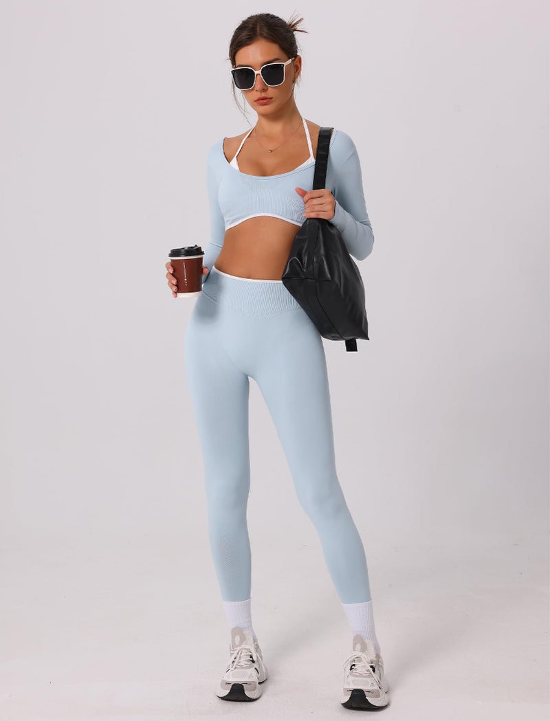 ABOCIW Workout Sets for Women Seamless Color Block Backless Long Sleeve Crop Top Scrunch Butt Lifting High Waist Leggings 2 Piece Gym Yoga Outfits Baby Blue Small - Image 5