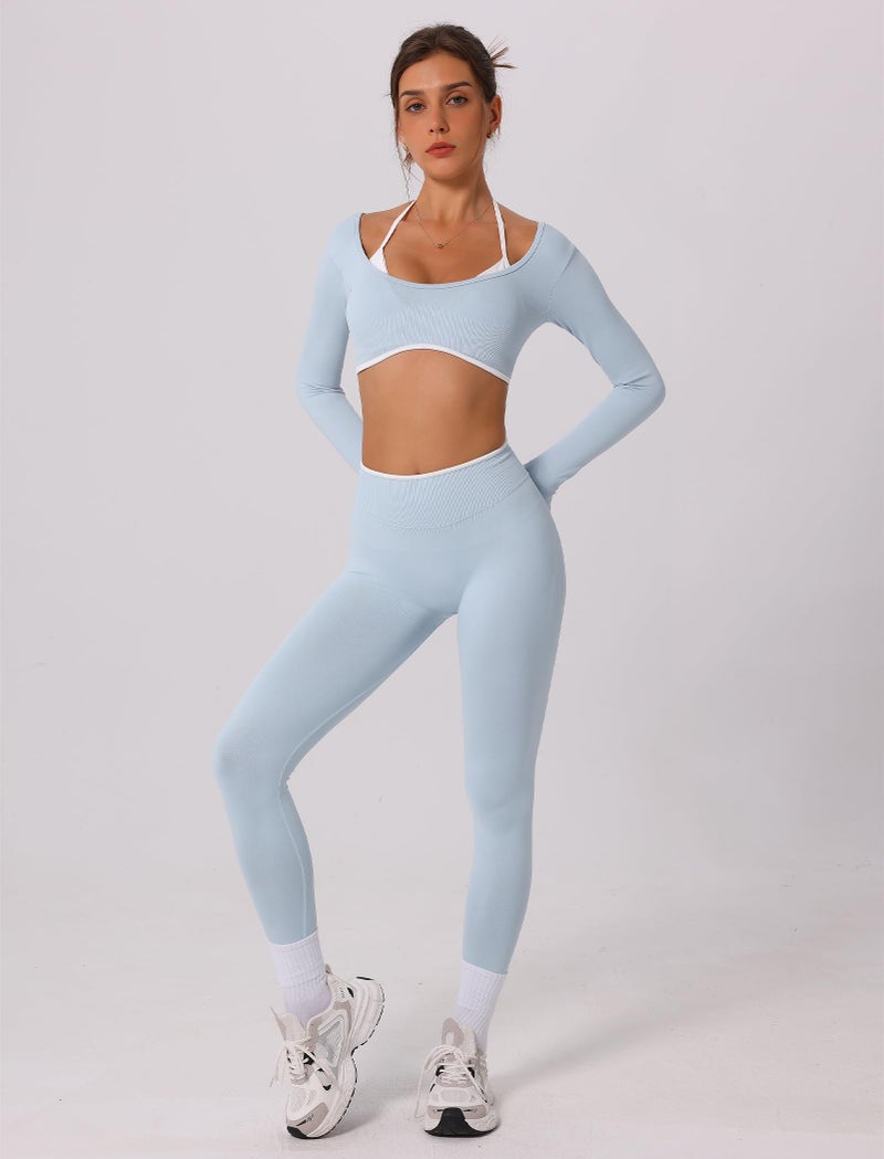 ABOCIW Workout Sets for Women Seamless Color Block Backless Long Sleeve Crop Top Scrunch Butt Lifting High Waist Leggings 2 Piece Gym Yoga Outfits Baby Blue Small - Image 4