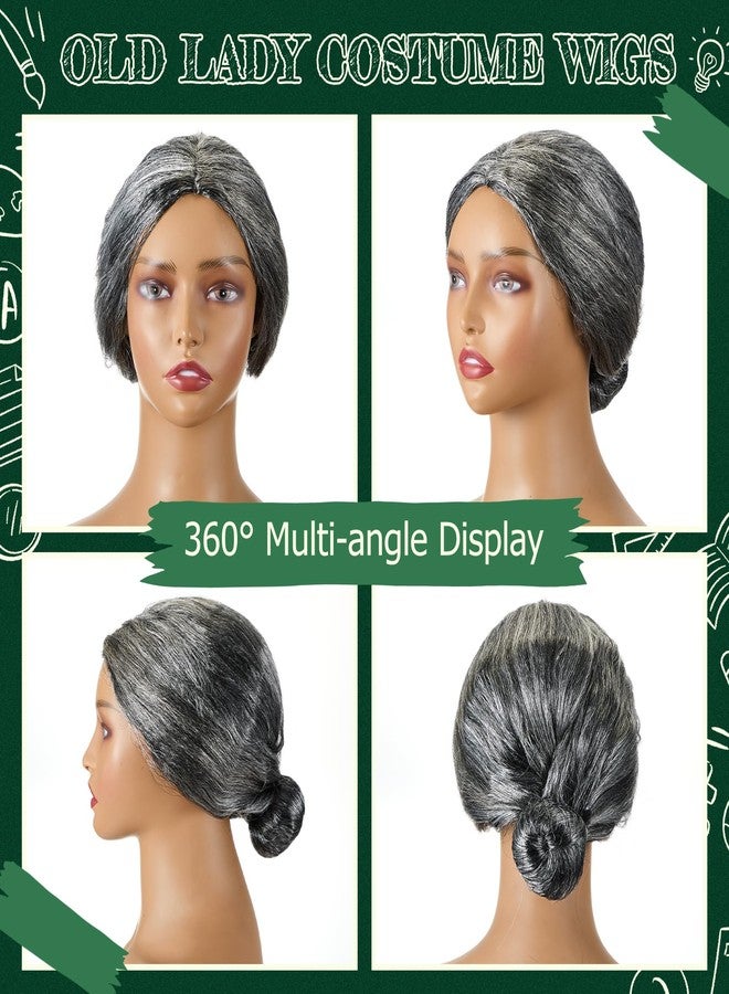 FineCheer Old Lady Wig Costume for Women Grandma Granny Costume Wig for 100 Days of School Halloween Cosplay(Gray,Updo) - Image 3
