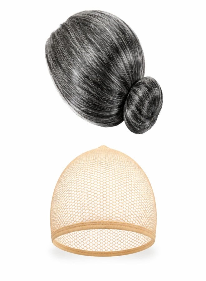 FineCheer Old Lady Wig Costume for Women Grandma Granny Costume Wig for 100 Days of School Halloween Cosplay(Gray,Updo) - Image 1