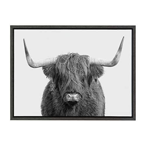 Kate and Laurel Kate and Laurel Sylvie BW Highland Cow No 1 Portrait Framed Canvas Wall Art by Amy Peterson Art Studio 18x24 Gray Rustic Animal Art for Wall 