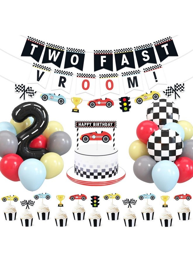 بيسموسو لوازم زينة حفلات أعياد الميلاد الثانية من Bessmoso Vintage Two Fast Race Car، لافتة كعكة عيد الميلاد الثاني، أعلام مربعة، بالونات رقمية لموضوع السباق، ديكور حفلات الحدث الرياضي - Image 1