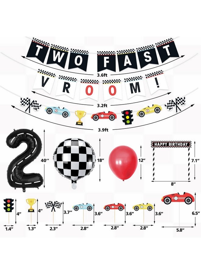 بيسموسو لوازم زينة حفلات أعياد الميلاد الثانية من Bessmoso Vintage Two Fast Race Car، لافتة كعكة عيد الميلاد الثاني، أعلام مربعة، بالونات رقمية لموضوع السباق، ديكور حفلات الحدث الرياضي - Image 4