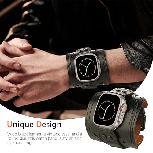 VIQIV Leather Band Compatible with Apple Watch 45mm for Men 44mm 42mm 41mm 40mm 38mm 46mm 49mm SE Bands Women Cuff Bracelet Wide Sport Straps Wristband for Iwatch Series 10 9 8 7 6 5 4 3 SE SE2 Ultra 2 Black 4445464942MMSeries 3 2 1 - Image 3