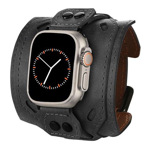 VIQIV Leather Band Compatible with Apple Watch 45mm for Men 44mm 42mm 41mm 40mm 38mm 46mm 49mm SE Bands Women Cuff Bracelet Wide Sport Straps Wristband for Iwatch Series 10 9 8 7 6 5 4 3 SE SE2 Ultra 2 Black 4445464942MMSeries 3 2 1 - Image 1
