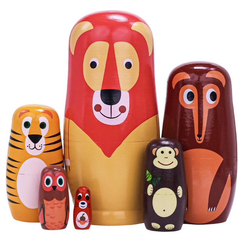 Tngan Russian Nesting Dolls 6 Pcs 6 Tall Animal Nesting Easter Eggs Toys Stacking Wooden Handmade Matryoshka Dolls for Kids Toddlers Birthday or Home Decoration Gift Long Lion - Image 3