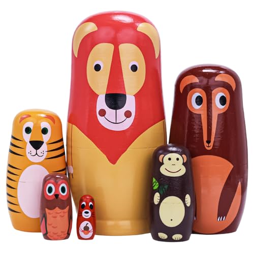 Tngan Russian Nesting Dolls 6 Pcs 6 Tall Animal Nesting Easter Eggs Toys Stacking Wooden Handmade Matryoshka Dolls for Kids Toddlers Birthday or Home Decoration Gift Long Lion - Image 1