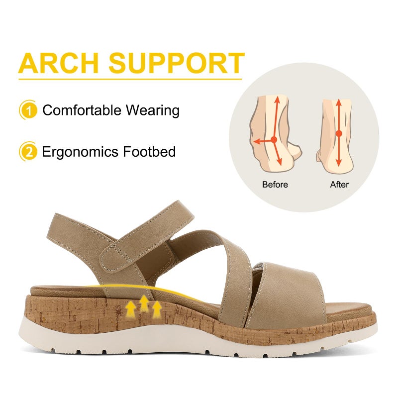 UBFEN Womens Flat Sandals Arch Support Open Toe Walking Comfy Casual Low Wedge Summer Shoes B Khaki Size US 8 - Image 3