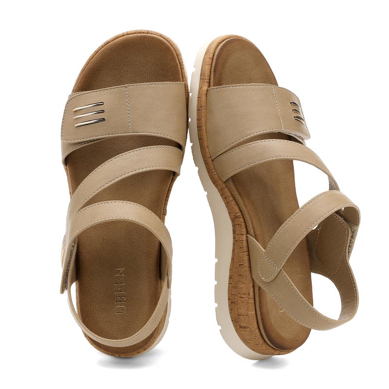 UBFEN Womens Flat Sandals Arch Support Open Toe Walking Comfy Casual Low Wedge Summer Shoes B Khaki Size US 8 - Image 5