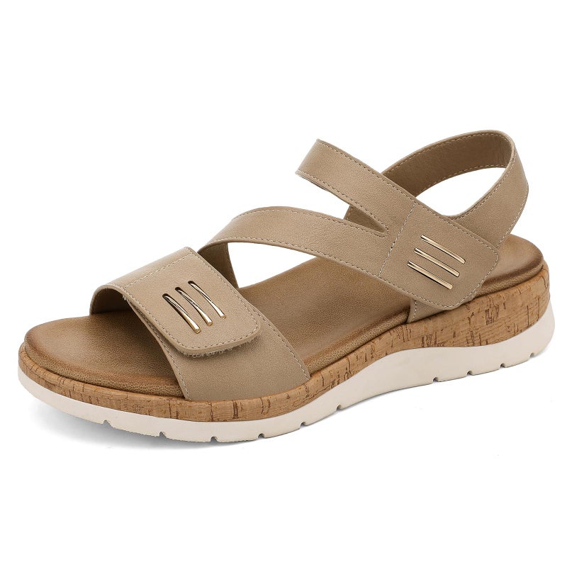 UBFEN Womens Flat Sandals Arch Support Open Toe Walking Comfy Casual Low Wedge Summer Shoes B Khaki Size US 8 - Image 1