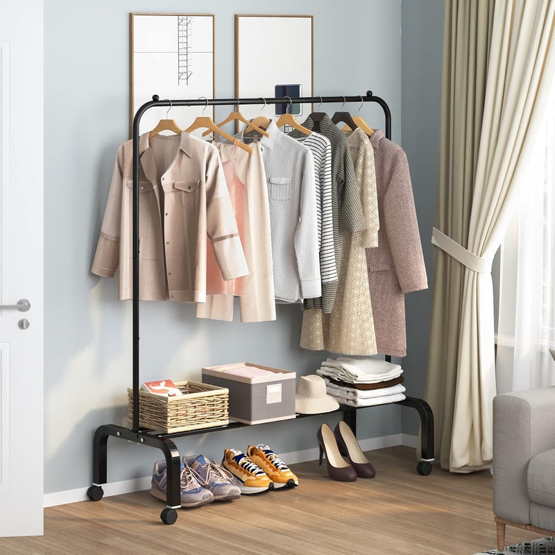 OTROUWORHT Rolling Clothes Rack Metal Clothing Rack with Wheels Garment Rack with Bottom Shelf for Hanging Clothes Shirts Jeans and Coats Black - Image 3