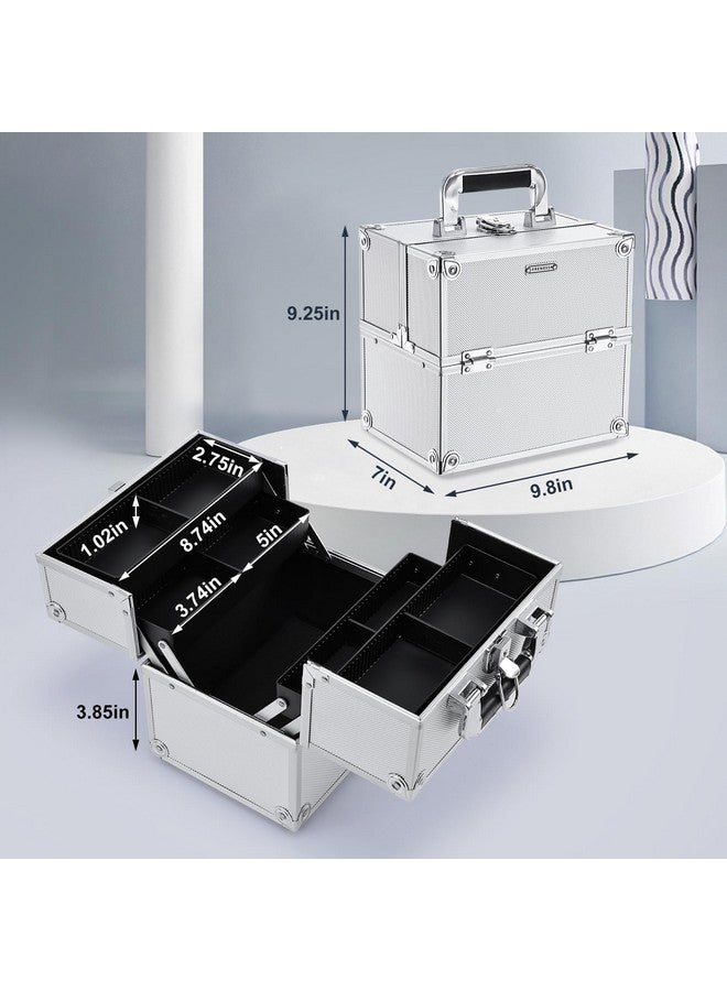 FRENESSA Makeup Train Case Makeup Organizer Box Portable Cosmetic Travel Case with Lock 4 Trays Aluminum Hard Vanity Box Make Up Artist Nail Beauty Storage Organizer Cosmetic Suitcase Bright Silver - Image 4