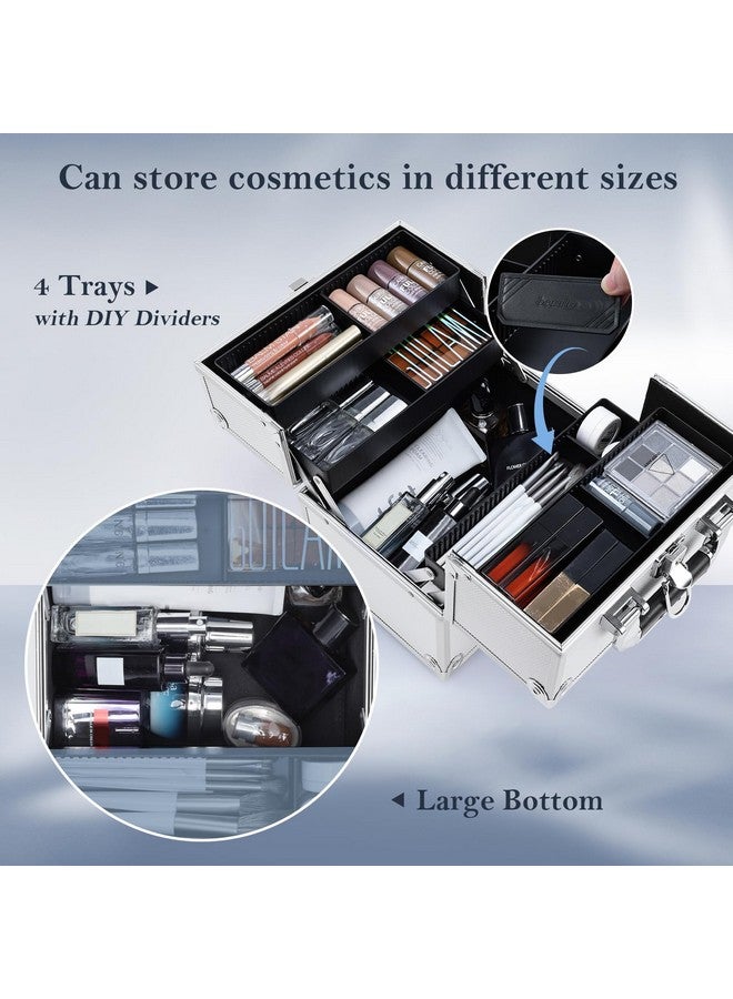 FRENESSA Makeup Train Case Makeup Organizer Box Portable Cosmetic Travel Case with Lock 4 Trays Aluminum Hard Vanity Box Make Up Artist Nail Beauty Storage Organizer Cosmetic Suitcase Bright Silver - Image 1