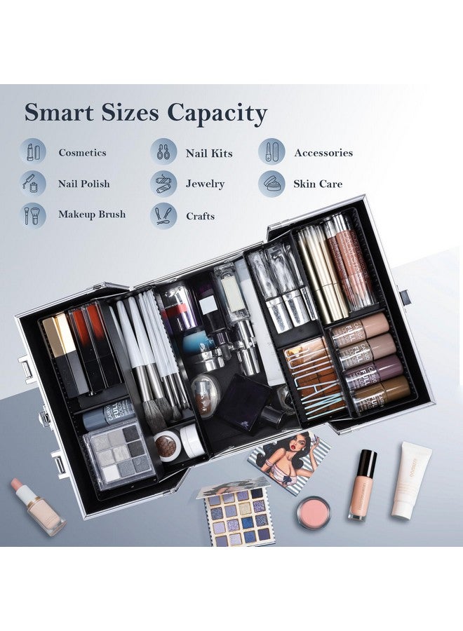 FRENESSA Makeup Train Case Makeup Organizer Box Portable Cosmetic Travel Case with Lock 4 Trays Aluminum Hard Vanity Box Make Up Artist Nail Beauty Storage Organizer Cosmetic Suitcase Bright Silver - Image 2