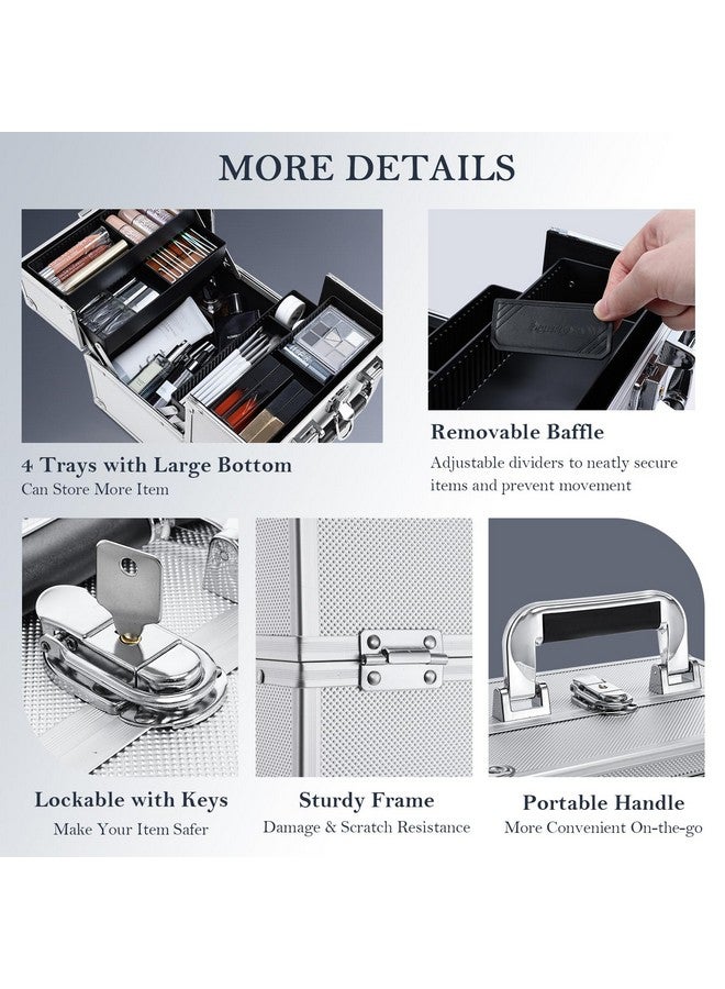 FRENESSA Makeup Train Case Makeup Organizer Box Portable Cosmetic Travel Case with Lock 4 Trays Aluminum Hard Vanity Box Make Up Artist Nail Beauty Storage Organizer Cosmetic Suitcase Bright Silver - Image 3