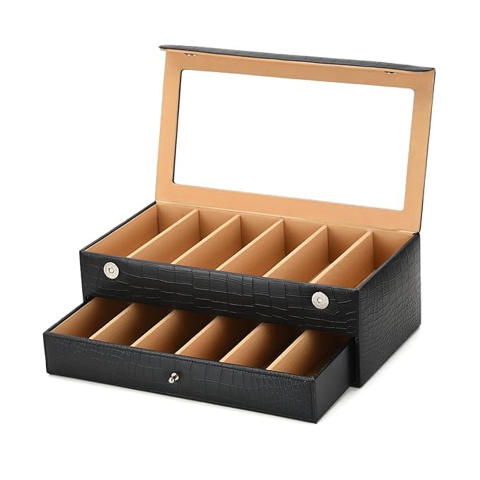 essart Sunglass Storage Box – 12 Slot Eyewear Organizer Case with Glass Lid, Dust-Free & Premium Faux Leather Finish Double Storey Magnetic Closure Sunglasses Box Organizer Black Colour - Image 1